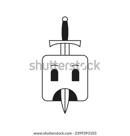 Y2k abstract sad squared emoji with antique sword monochrome line retro groovy icon vector illustration. Upset emoticon cartoon character with sharp ancient knife sticker for tattoo t shirt print