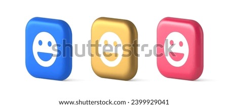 Smiley emoticon comic face emoji button laughing social network reaction happy expression 3d realistic blue gold and pink icons. Good mood like cheerful character web application