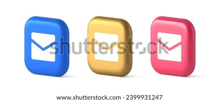 Newsletter inbox chat message button remotely communication digital notification 3d realistic blue gold and pink icons. Email closed paper envelope letter e mail contact correspondence