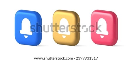 Handbell ring sound notification button incoming message call notification 3d realistic blue gold and pink icons. Bell incoming audio signal alarm web alert notification online chat