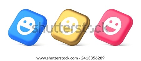 Smiley emoticon comic face emoji button laughing social network reaction happy expression 3d realistic blue gold and pink icons. Good mood like cheerful character web application