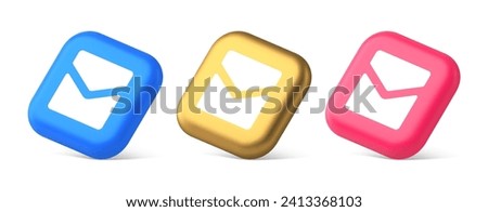 Email letter incoming message closed envelope mobile application button 3d realistic blue gold and pink icons. Mail newsletter document app badge inbox correspondence contact
