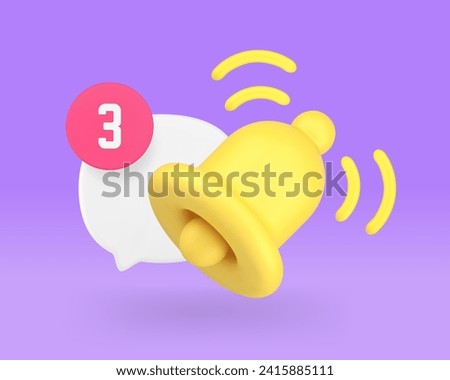 Ring bell incoming call chat notification with number quick tips internet alert 3d icon realistic vector illustration. New message inbox mailbox web communication reminder app button attention signal