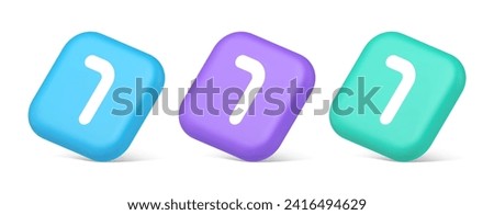 Seven number blue button accounting financial service web application panel 3d realistic blue purple and green icons. Seventh character finance type internet message texting