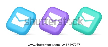 Newsletter inbox chat message button remotely communication digital notification 3d realistic blue purple and green icons. Email paper envelope letter e mail contact correspondence