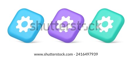 Cog gear button web technology setting repair business interface 3d realistic blue purple and green icons. Industrial mechanism technical support internet maintenance service tool