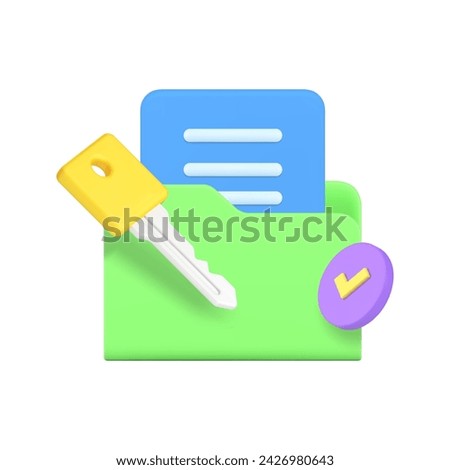 Document data information folder key takeaway password pass protection 3d icon realistic vector illustration. Main point decision important info database option project inspection result basic check