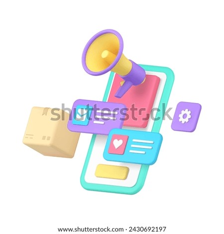 Social media marketing internet network smartphone application 3d icon realistic vector illustration. SEO optimization online ad campaign like follow subscribe chat multimedia content mobile phone