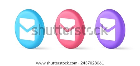 Email letter incoming message closed envelope mobile application button 3d realistic blue pink and purple icons. Mail newsletter document app badge inbox correspondence contact