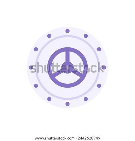 Circle metallic entrance with wheel vector flat illustration. Rounded metal protective door banking storage, bunker, ship, submarine isolated on white. Strong closed protection for money, treasure