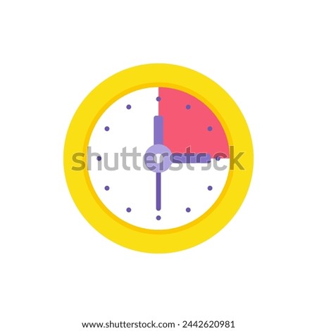 Circle yellow watch clock with red deadline sector vector flat illustration. Rounded watch with arrows for comfortable time management control isolated on white. Timer meeting reminder