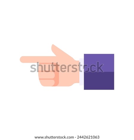 Left side pointer business human hand suit gesturing forefinger vector flat illustration. Male employee boss entrepreneur showing pointing index finger quick tips reminder notification alert isolated