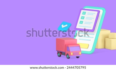 Cargo delivery service smartphone application checklist banner copy space 3d icon realistic vector illustration. Freight business transportation logistic distribution mobile phone app with truck van