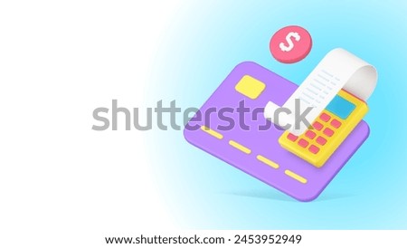 Card payment success cashless financial banking transaction complete 3d icon realistic vector illustration. Commercial accounting e money transfer shopping goods purchase POS terminal receipt bill