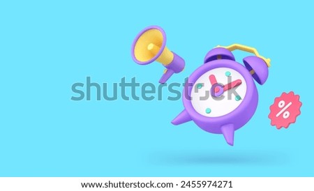 Time to sale discount marketing announce megaphone special offer alert 3d icon realistic vector illustration. Retail price off commercial ad limited clearance shopping deal loudspeaker alarm clock