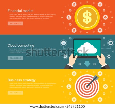 Website Headers or Promotion Banners Templates and Flat Icons Design. Financial market dollar coin, Cloud computing tablet computer, Business strategy dart board and arrow. Vector Illustration. 