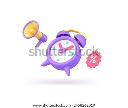 Time to sale discount marketing announce megaphone special offer alert 3d icon realistic vector illustration. Retail price off commercial ad limited clearance shopping deal loudspeaker alarm clock