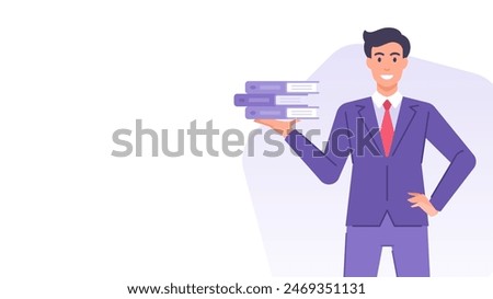 Business man with document folder stack archive paperwork banner design template vector flat illustration. Cartoon businessman with financial corporate accounting data directory information management
