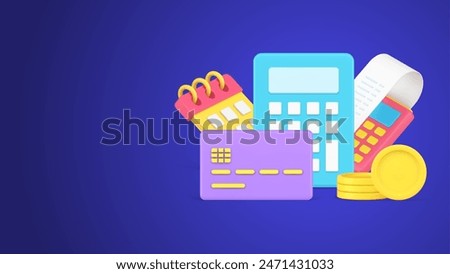 Counting financial payment at calendar day monthly regular finance commitment with POS terminal receipt 3d icon vector illustration. Calculating mortgage or credit banking with debit card and coins