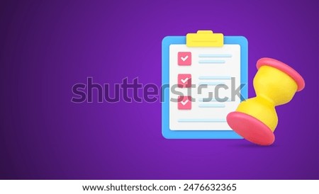 Business planning to do list successful task done time management deadline control 3d icon vector illustration. Efficiency marketing corporate organization complete clipboard reminder hourglass