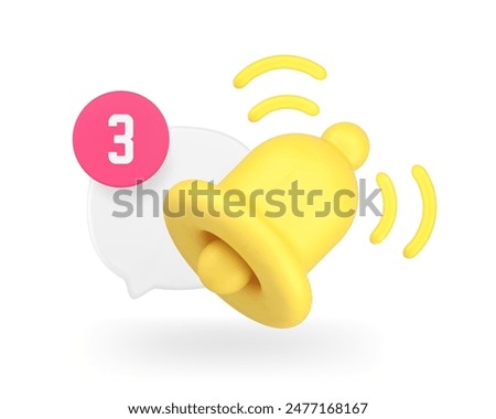 Ring bell incoming call chat notification with number quick tips internet alert 3d icon realistic vector illustration. New message inbox mailbox web communication reminder app button attention signal