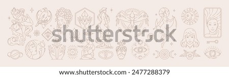 Big set of woman and magic symbols in line art style. Beauty fashion esoteric concepts. Elements for posters design and stickers. Vector illustration.