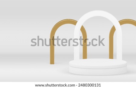 White 3d cylinder podium showcase for luxury product presentation realistic vector illustration. Trendy elegant light pedestal with golden arch wall background for shopping sale commercial advertising