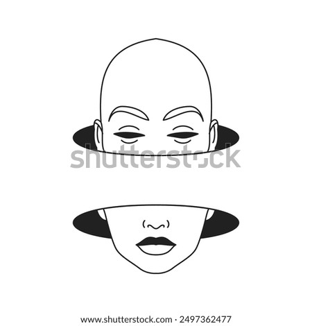 Psychedelic human head in two black hole weird Y2k comic outline icon vector flat illustration. Surreal science fiction person portrait futuristic vision neo gothic monochrome emblem