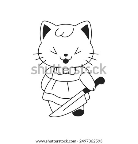 Y2k laughing Kawaii girlish glamour toy baby cat with knife outline black icon vector flat illustration. Surreal neo gothic emo dangerous kitty in dress adorable psychedelic comic minimal emblem