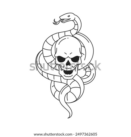 Y2k snake with skull neo gothic emo death psychedelic outline black icon vector illustration. Surreal skeleton with poison reptile viper cobra horror tribal aggressive fear minimal tattoo emblem