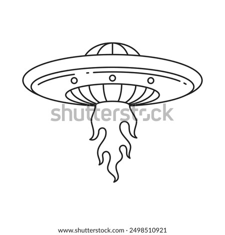 Y2k alien spaceship saucer launch with burning flame pop art outline icon vector illustration. Futuristic UFO outer space travel humanoid transportation science fiction invasion vessel t shirt print