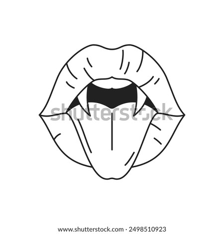 Y2k vampire lips with fangs tongue comic contemporary pop art outline icon vector flat illustration. Psychedelic woman seductive monster devil demon Halloween glamour mouth monochrome t shirt print