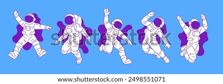 Y2k astronaut in open space outline vector illustrations set. Cosmonauts in spacesuit futuristic galaxy exploration elements for stickers, prints and t-shirt designs