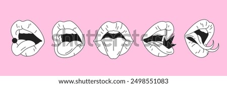 Y2k glamour female lips with tongue contemporary pop art vector illustrations set. Neo gothic open seductive woman mouth glam elements for sticker, print and t-shirt design