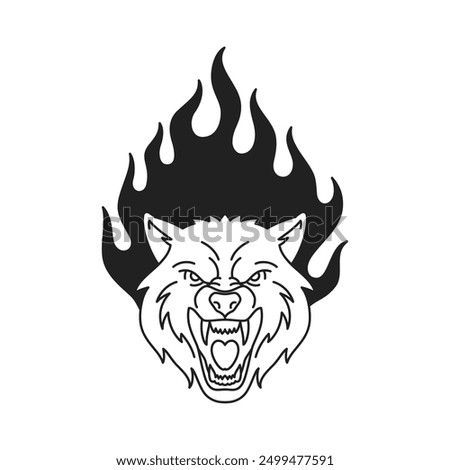 Y2k angry roaring wolf with burning flame gothic black tattoo outline icon vector flat illustration. Aggressive powerful coyote wild animal canine predator portrait fire blaze artwork t shirt print