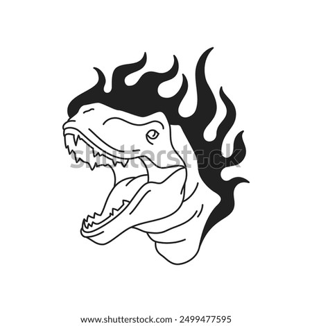 Y2k roaring dinosaur with burning flame black tattoo outline icon vector flat illustration. Dangerous medieval prehistoric angry reptile tyrannosaurus dino portrait with fire artistic t shirt print