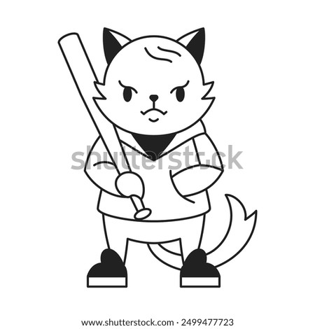 Y2k criminal angry fox street style with baseball bat contemporary pop art outline icon vector flat illustration. Aggressive wild animal hooligan foxy psychedelic monochrome tattoo t shirt print