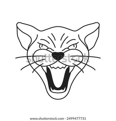 Y2k angry roaring cat feline wild animal black tattoo outline icon vector flat illustration. Aggressive powerful kitten panther screaming with open mouth monochrome groovy t shirt print