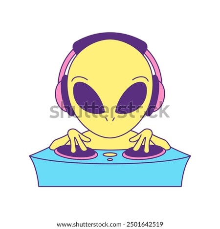 Y2k futuristic alien DJ playing vinyl music at party contemporary pop art icon vector flat illustration. Science fiction UFO humanoid disk jockey deejay musical disco festival trendy t shirt print