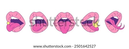 Y2k glamour female lips with tongue contemporary pop art vector illustrations set. Neo gothic open seductive woman mouth glam elements for sticker, print and t-shirt design