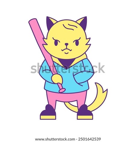 Y2k angry criminal fox street style with baseball bat groovy icon vector flat illustration. Aggressive hooligan animal cartoon character fighter comic psychedelic trendy pop art t shirt print