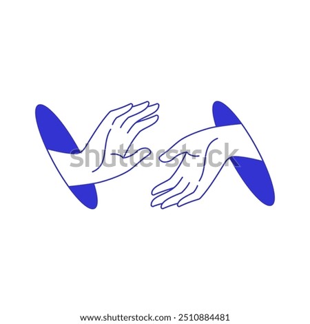 Y2k two hands connection to each other from hole contemporary pop art line icon vector flat illustration. Human arms touching together cooperation gesture psychedelic comic blue sketch funky print