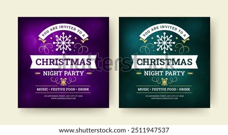 Christmas celebration festive music party social media post design template set vector illustration. Happy New Year Xmas festival event announcement promo card with abstract glow bokeh background