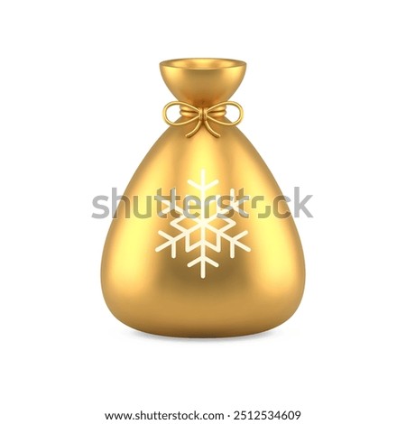 Golden Santa Claus tied sack with Christmas present luxury toy 3d icon realistic vector illustration. Premium bag for Xmas New Year gift winter holiday festive bauble with traditional snowflake