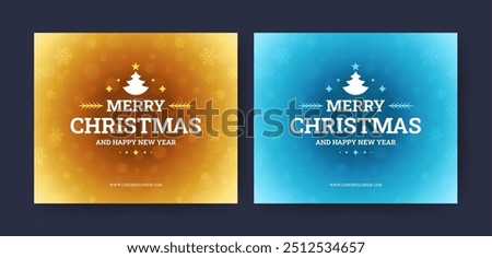 Merry Christmas and Happy New Year social media post design template set vector illustration. Winter holiday congratulations greeting card with spruce glow spark snowflakes snowfall blizzard effect