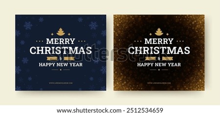 Merry Christmas festive snow social media post design template set vector illustration. Happy New Year Xmas winter holiday congratulations greeting card glow spark snowfall snowflakes effect