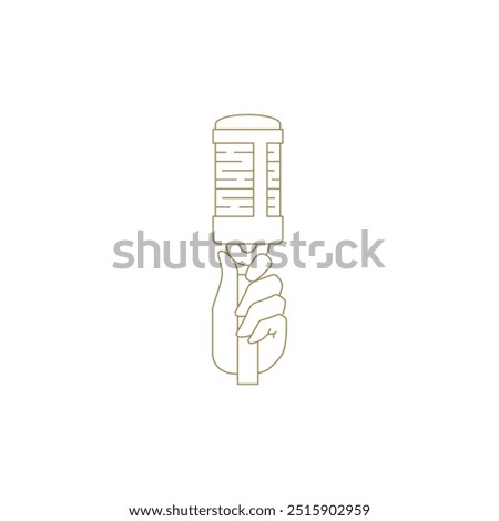 Human hand holding retro mic music singing golden line art icon vector illustration. Arm with microphone musical karaoke loud speaking luxury logo for podcast sound show radio public advertising