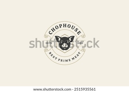 Meat shop butchery pig head luxury circle retro logo design template vector flat illustration. Butcher store fresh grill barbecue pork beef chicken steak restaurant menu logotype with golden ribbon