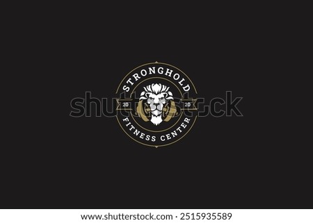 Fitness gym club lion with dumbbell circle retro logo design template vector flat illustration. Strong power leo animal with athletic weight portrait creative minimalist logotype for bodybuilding