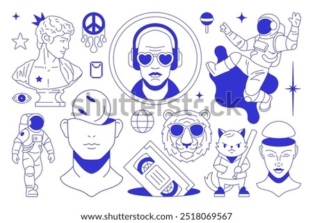 Y2k psychedelic comic blue pen sketch contemporary pop art concept line icon set vector flat illustration. Hype surreal sculpture astronaut tiger hippie peace symbol video tape cassette man headphones